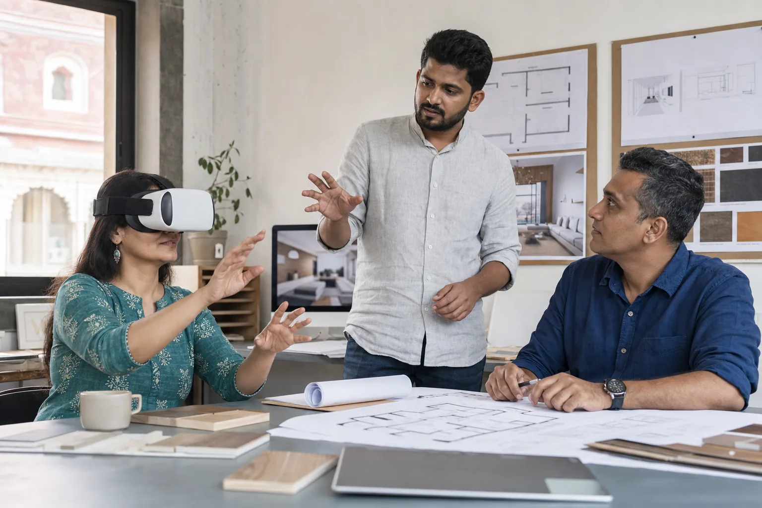 Indian homeowners reviewing their future home through a VR walkthrough