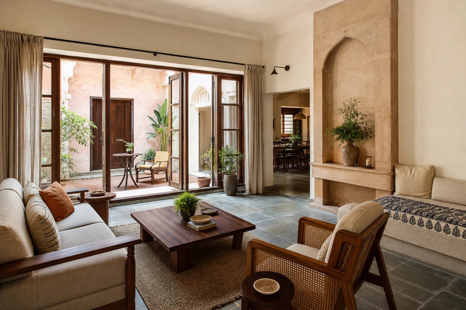 Traditional-modern Indian home interior with courtyard
